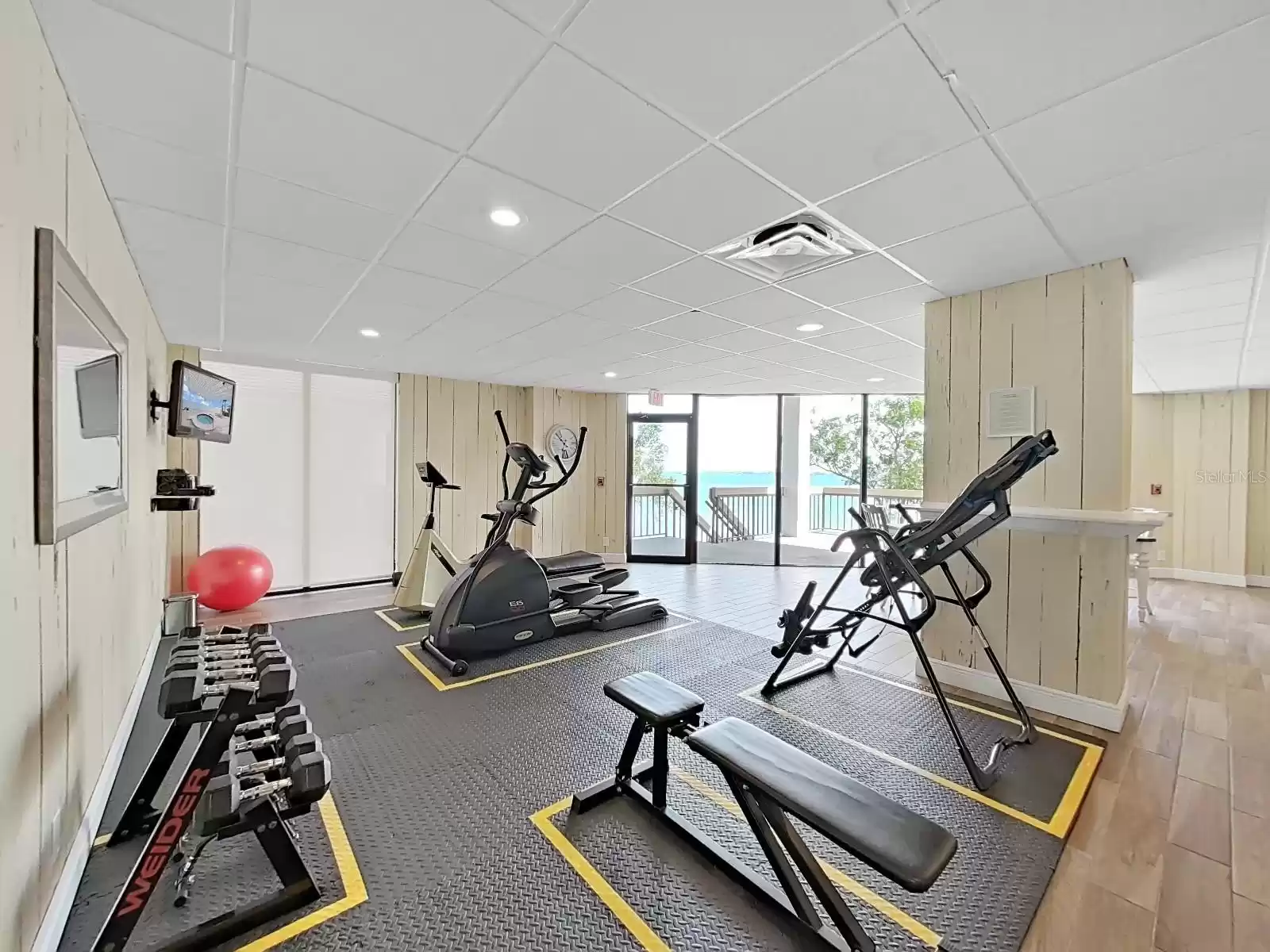 The clubhouse area includes a workout area!