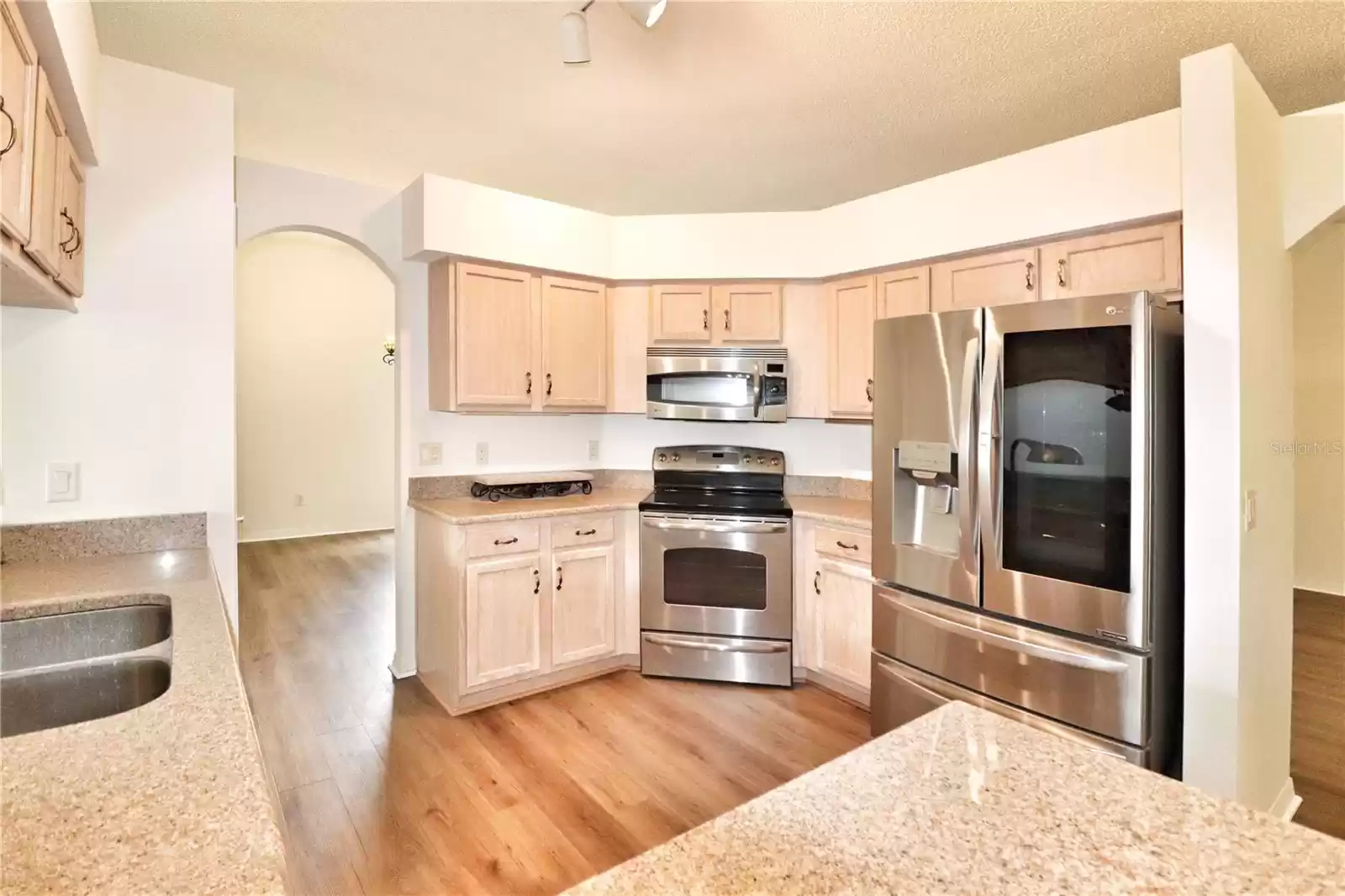 Kitchen has granite countertops