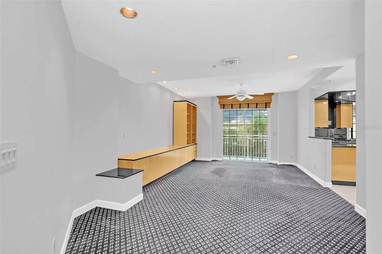 Family room with media built-ins and walk out to courtyard. Family opens to kitchen with same custom cabinetry for seamless design.