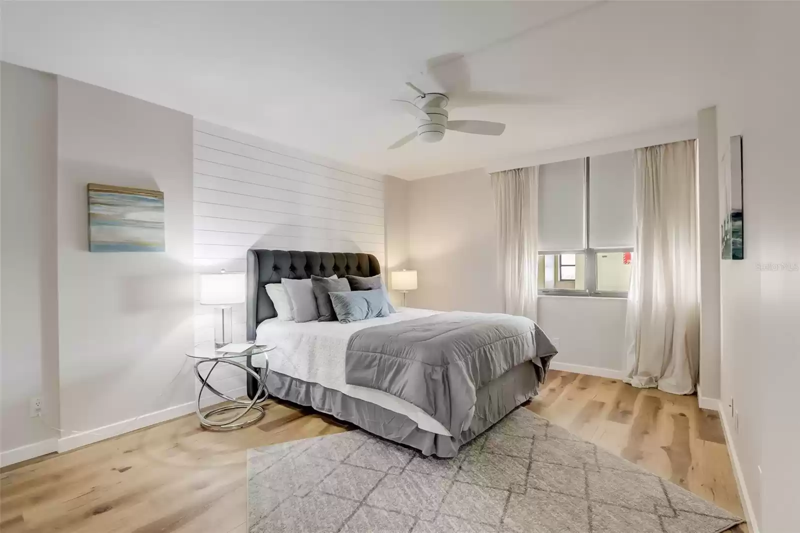 Guest bedroom with shiplap feature