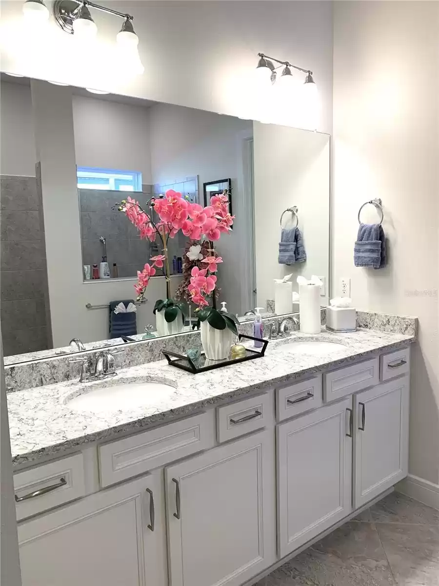 Primary dual vanity with pull out shelving in cabinets