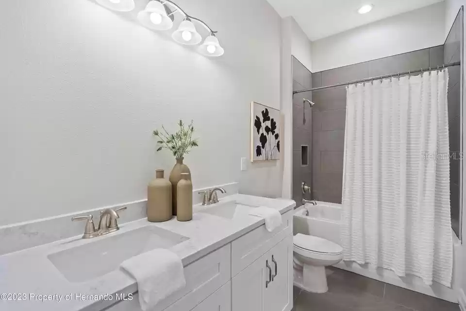 3rd bathroom with 2 vanities and bath tub