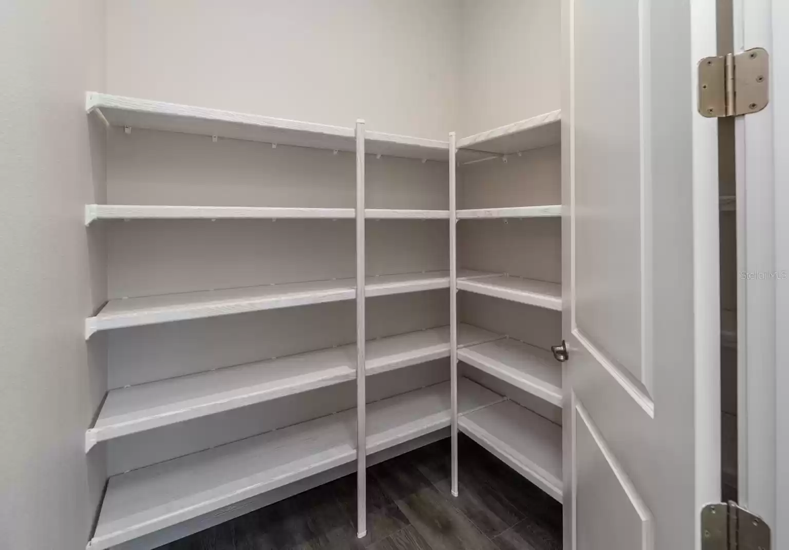 Walk in pantry with wood shelving