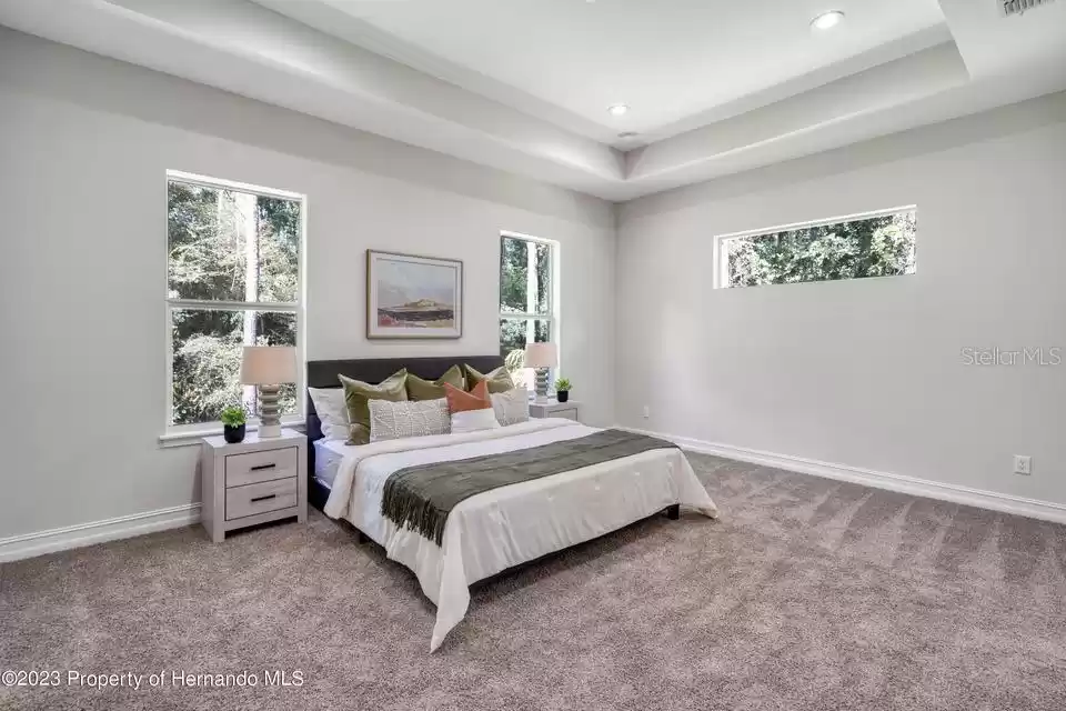 Staged primary bedroom with tray ceiling