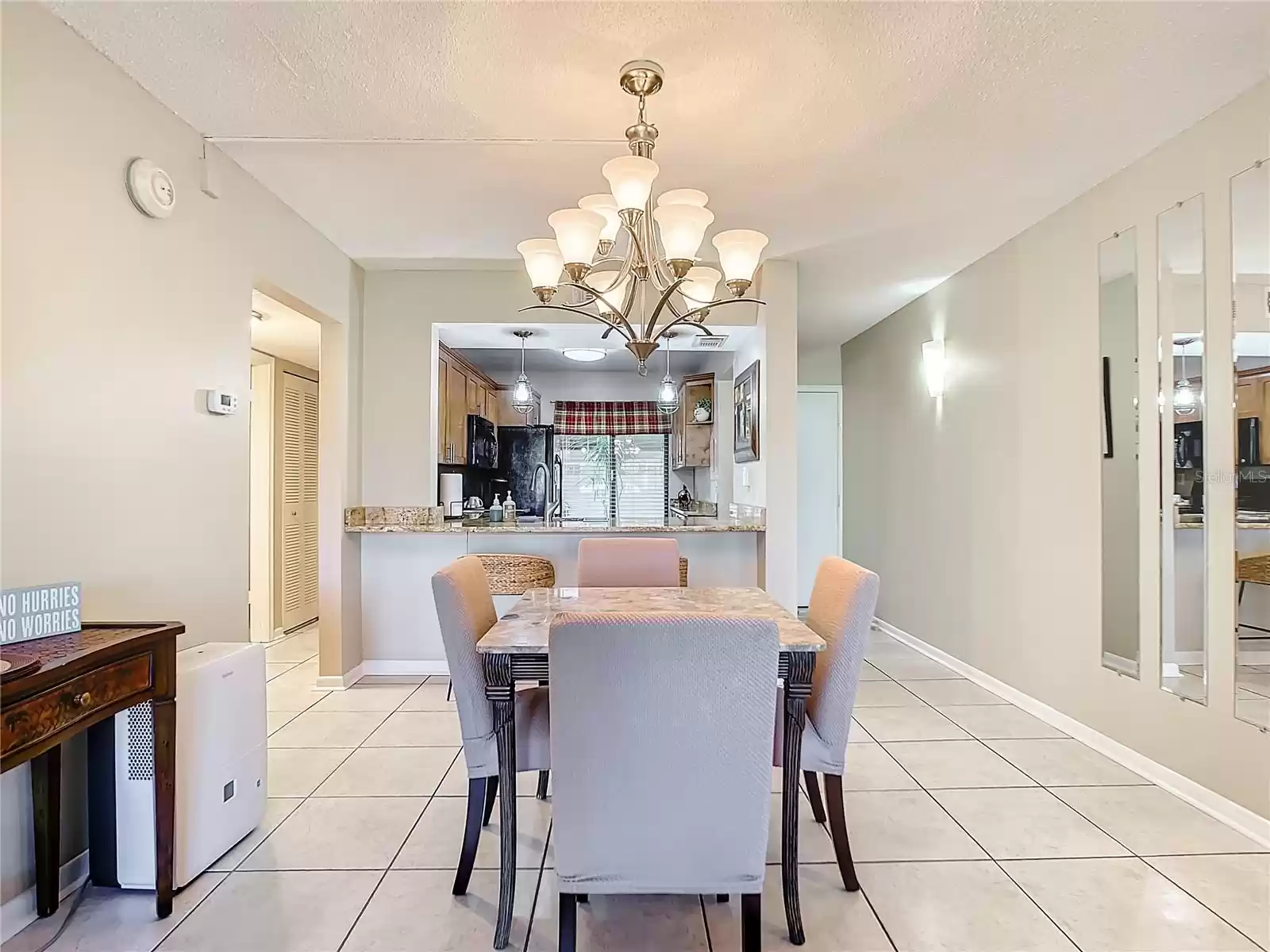 Dining area with hall to guest bedroom, guest bath and laundry closet on the left & kitchen pass through in the background.