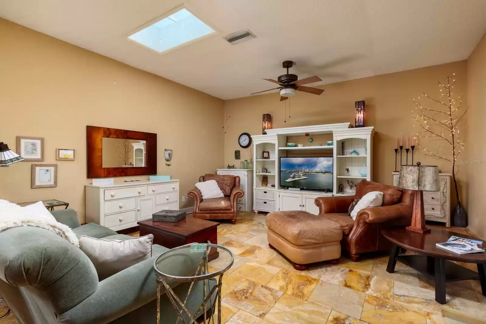 Family Room with Skylights and Pool View