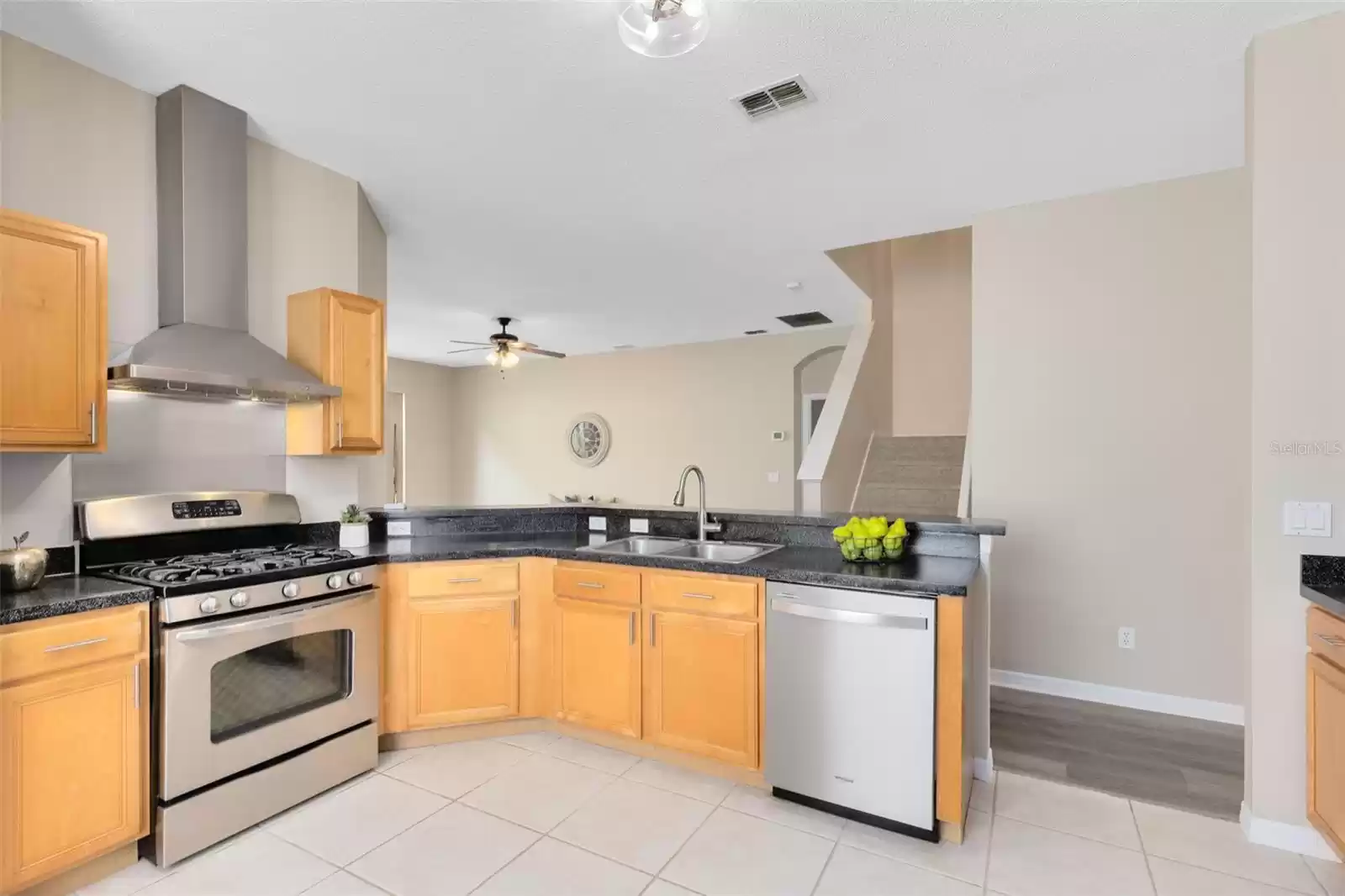 KITCHEN WITH STAINLESS GAS STOVE, VENT TO THE OUTSIDE AND STAINLESS DISHWASHER