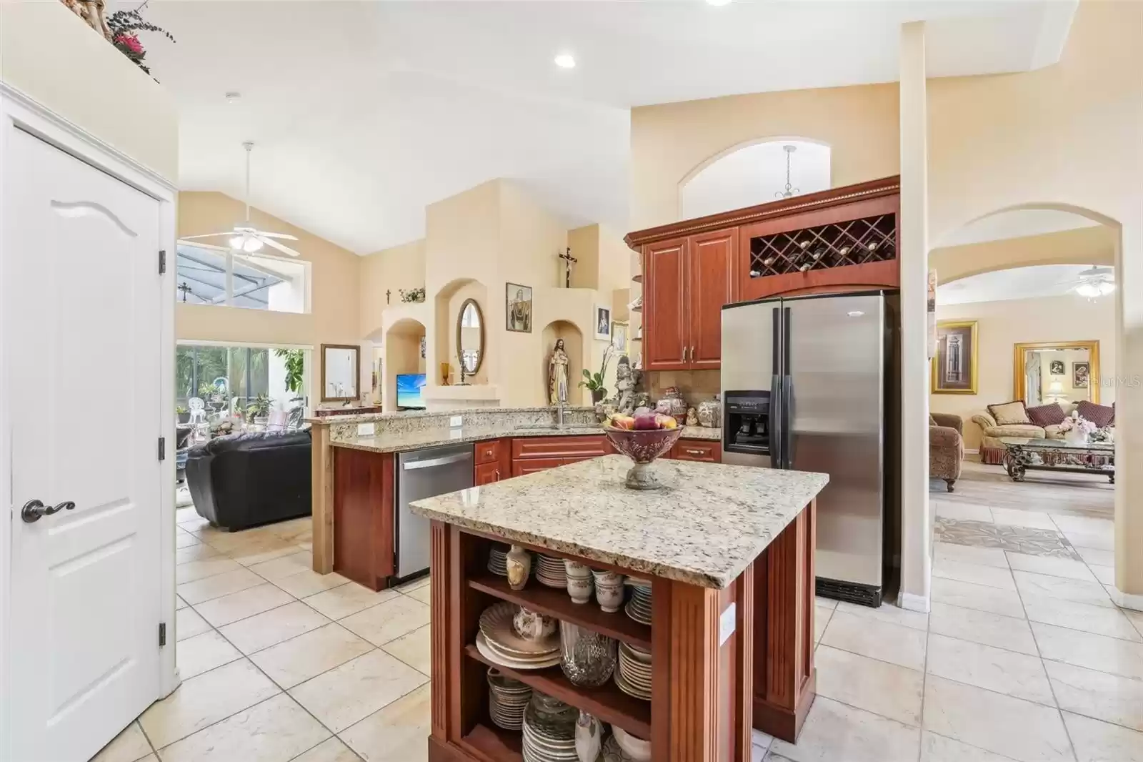 Kitchen with view of island