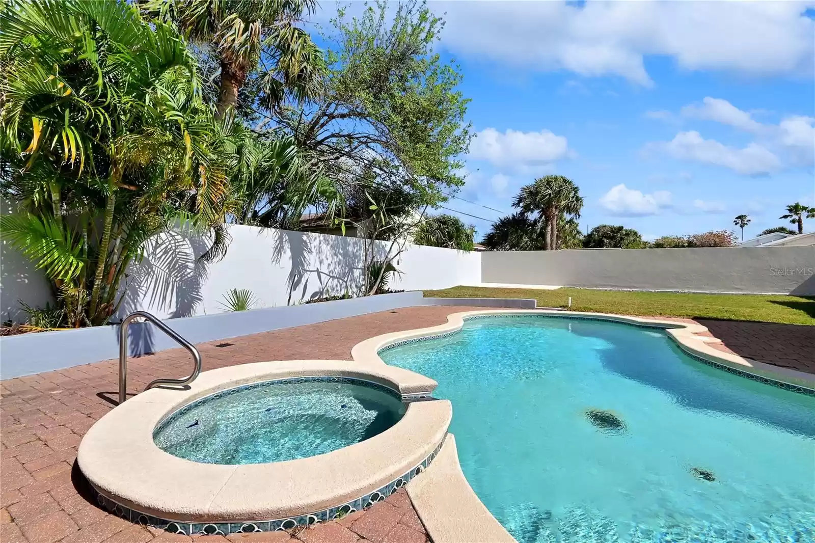 Heated saltwater pool with spa