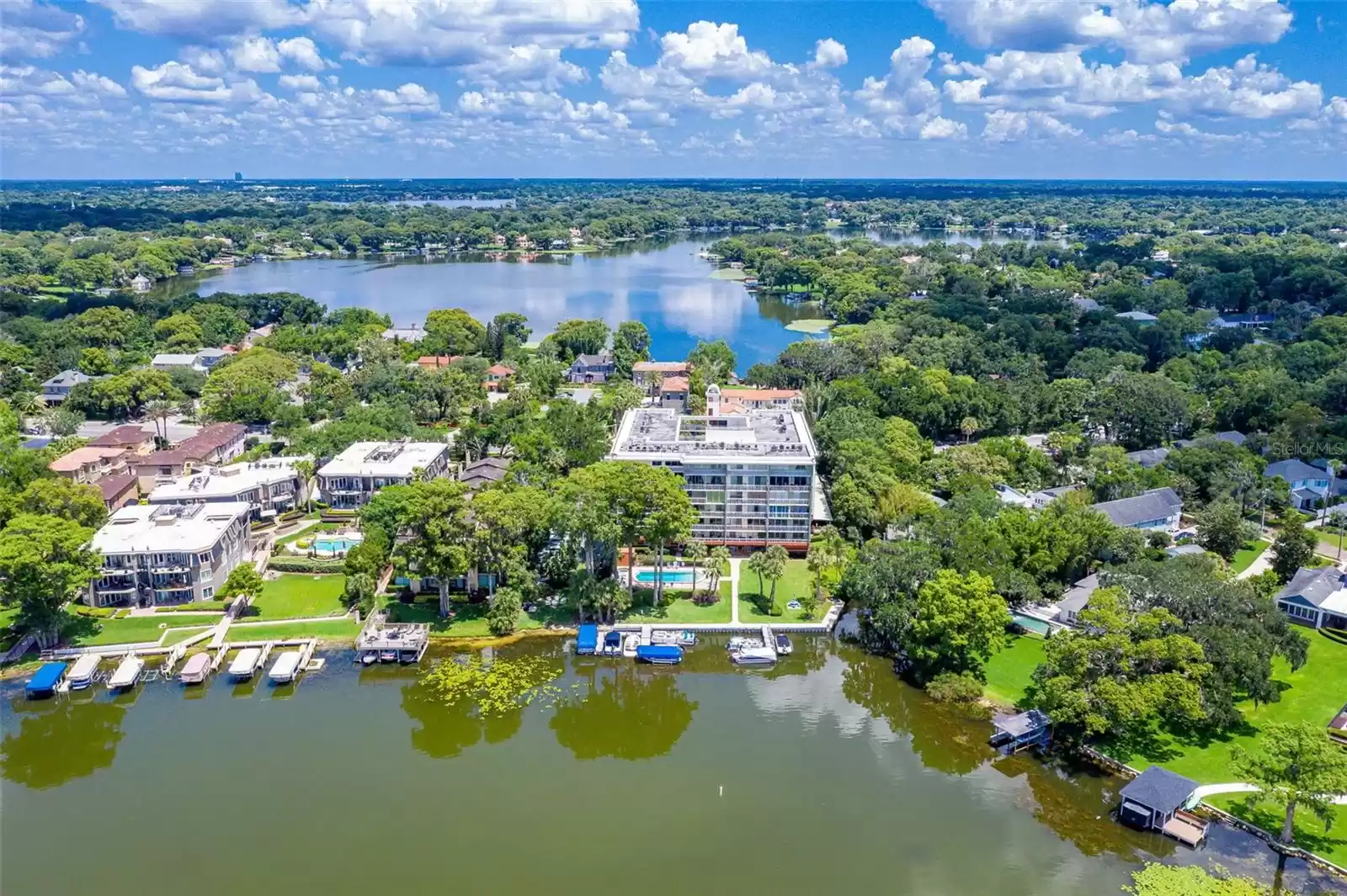 Drone view showing the Chain of Lakes connected via the canal