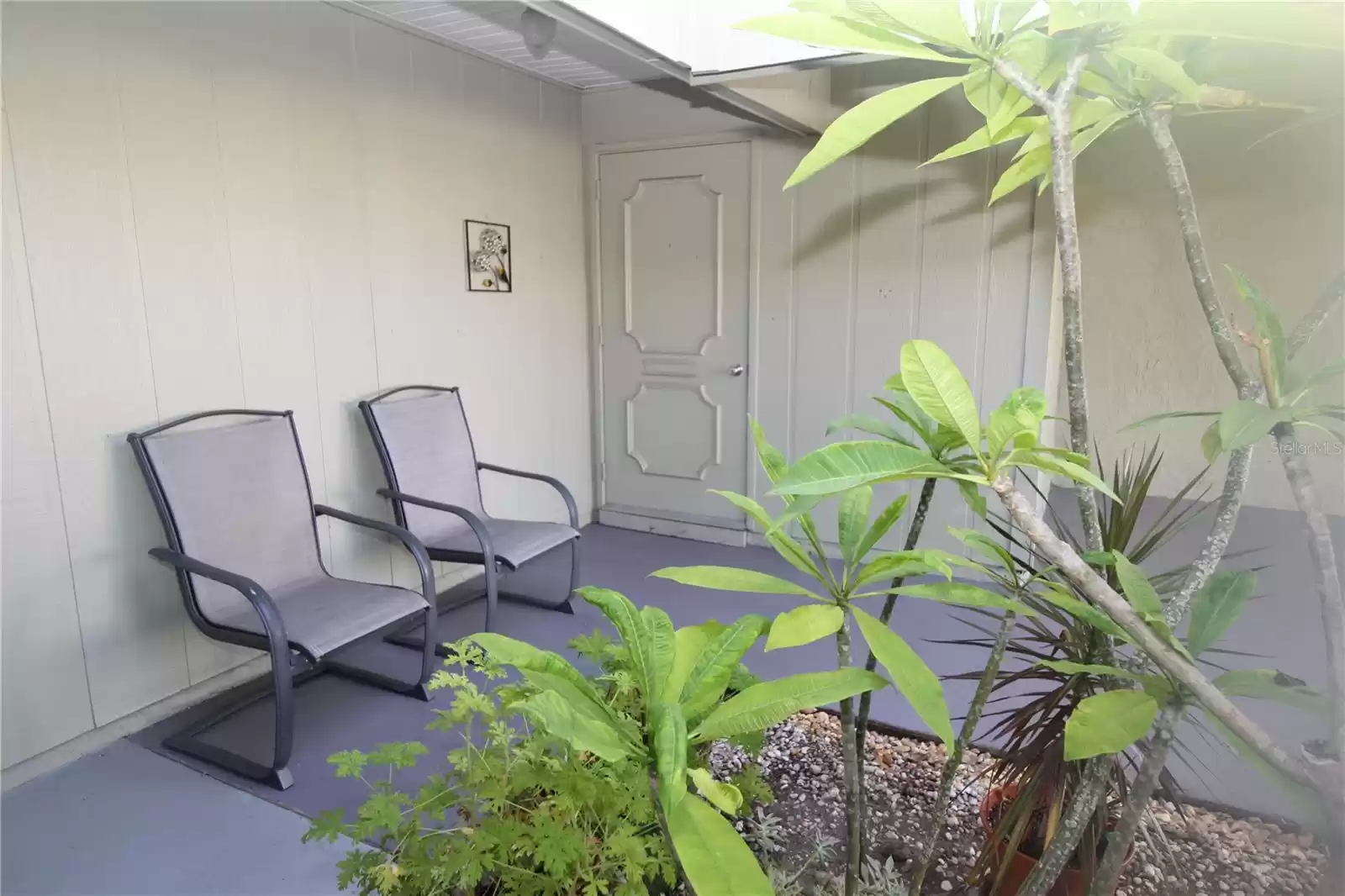 Rear, carport entrance with lovely foliage.