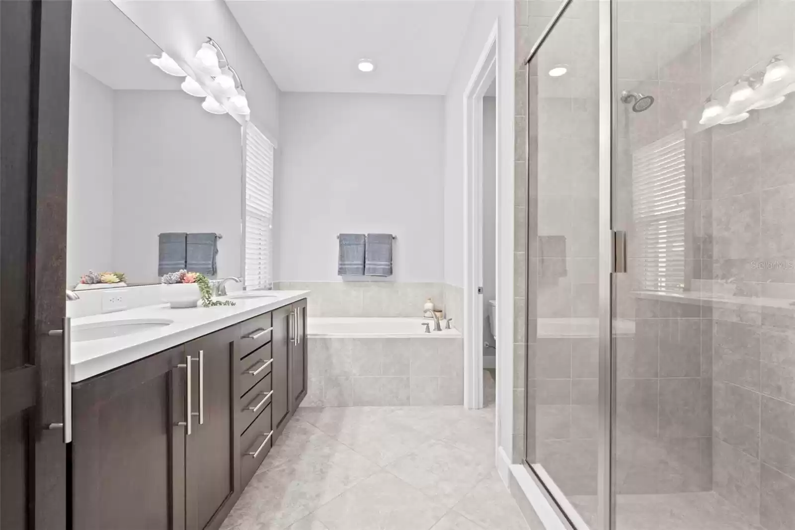 Primary Bath with Dual Sinks with Separate Shower Stall ad Bathtub.