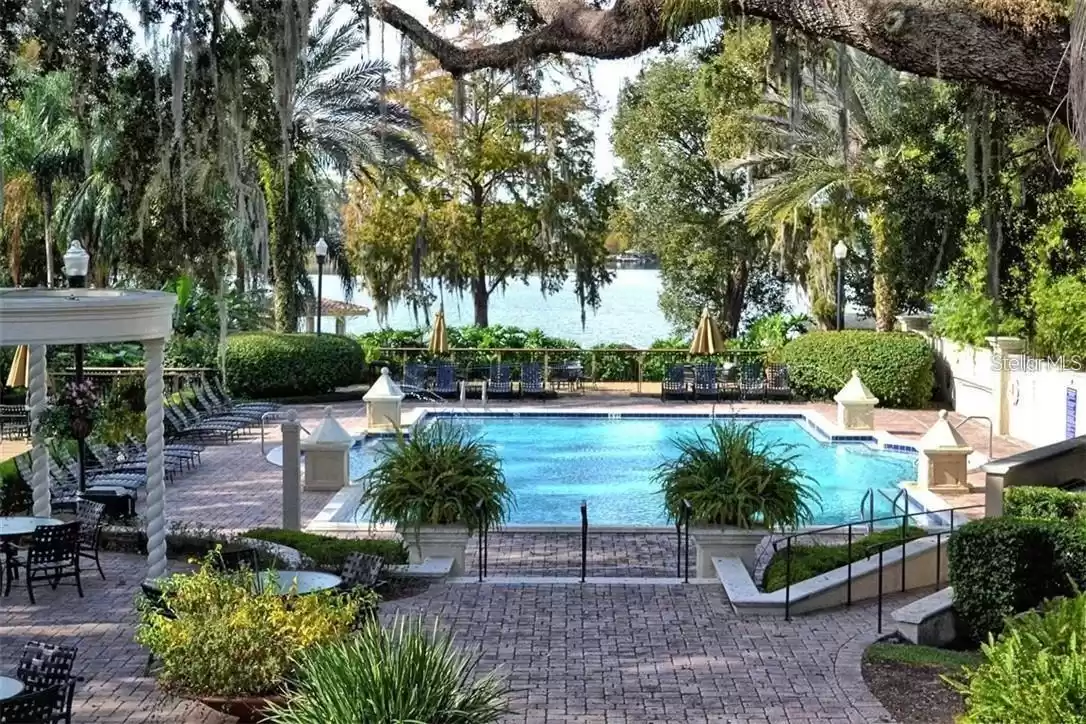 Community pool overlooking lake