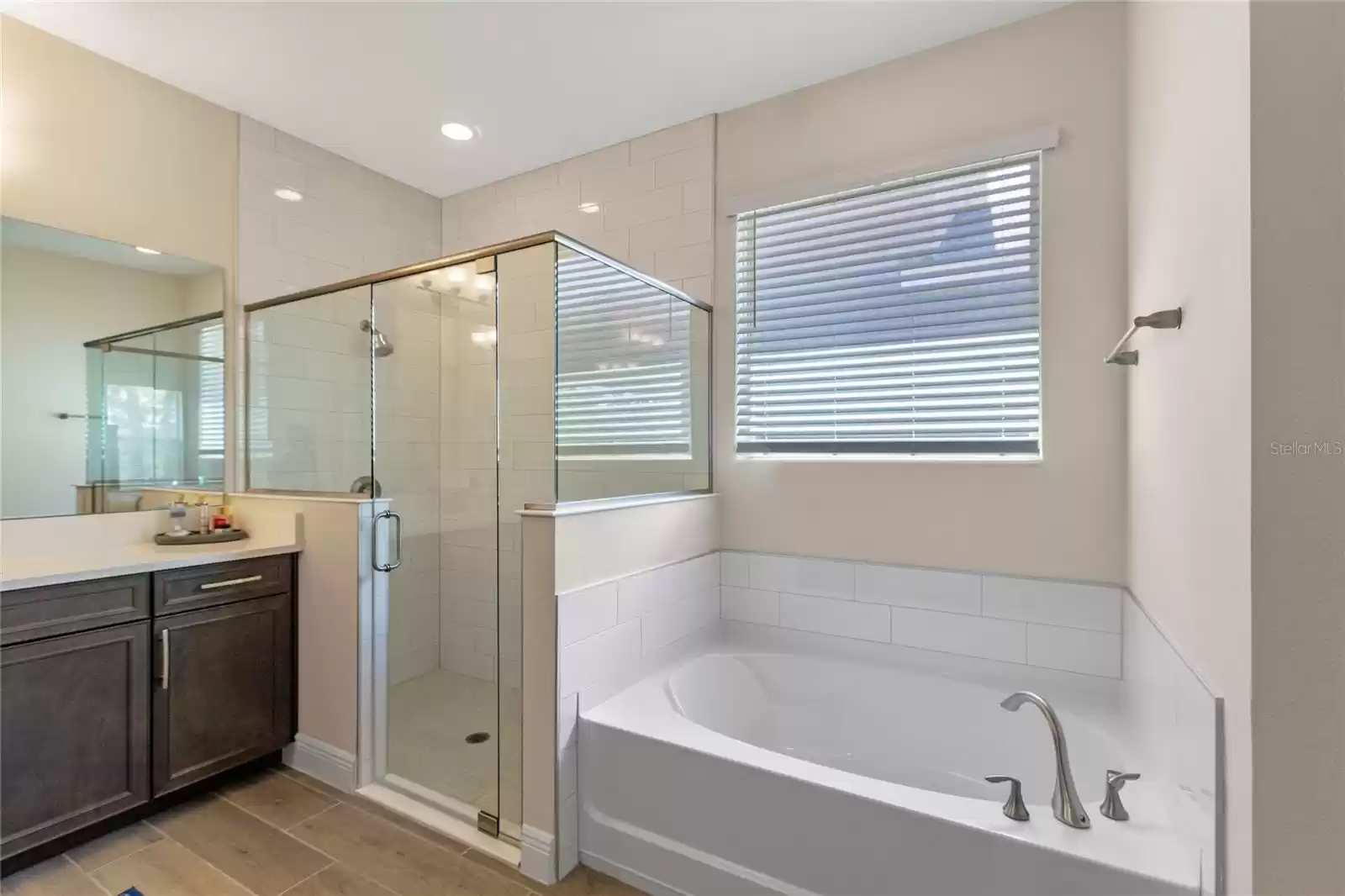 Large walk in shower and soaking tub.