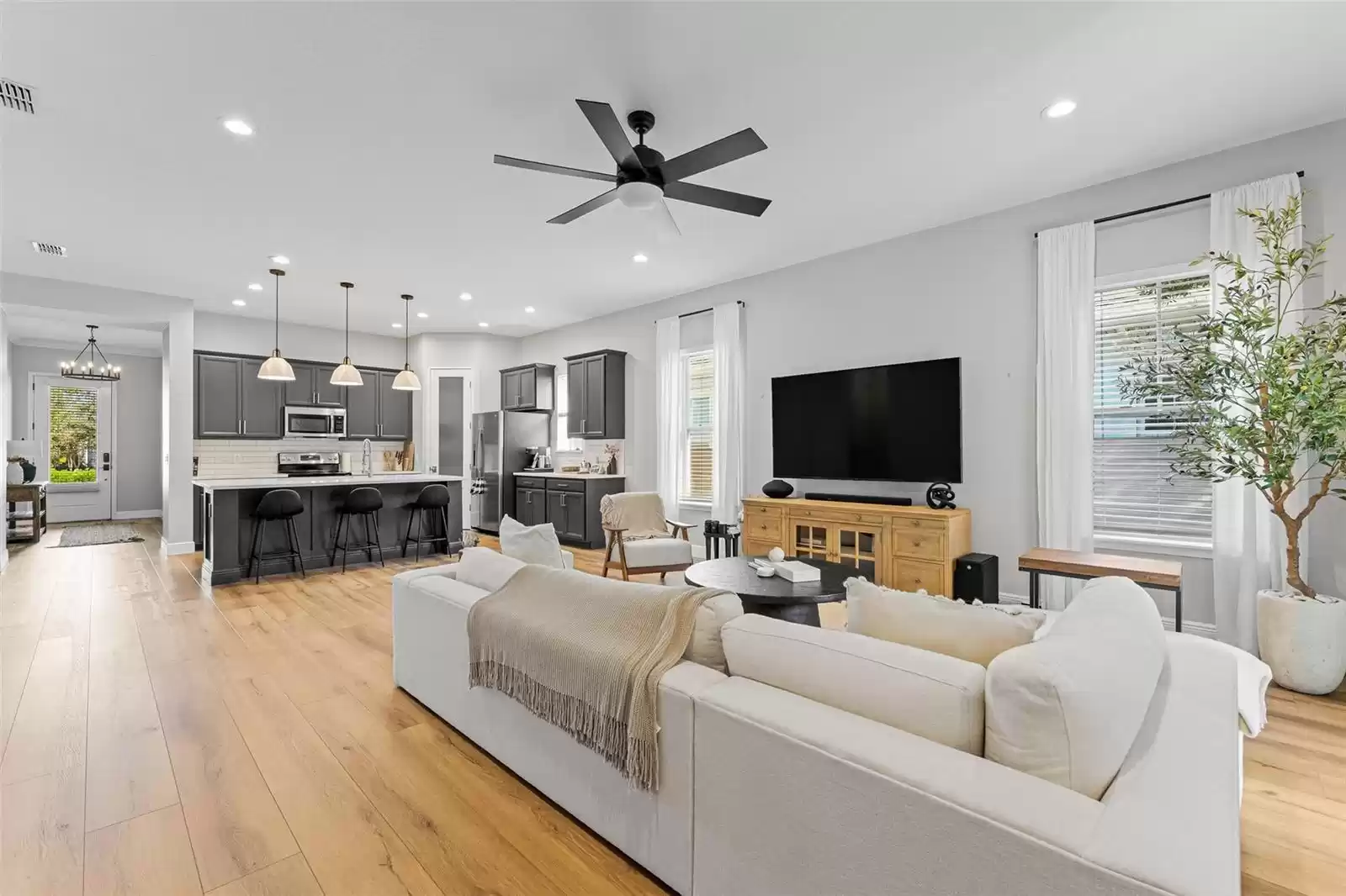 Family room with ceiling fan.