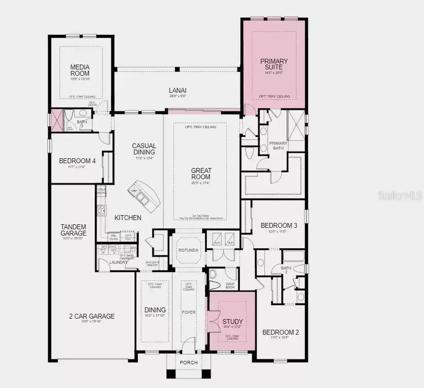 Structural options added include: tray ceiling package, gourmet kitchen, shower at bath 3, extended primary suite, and pocket sliding door.