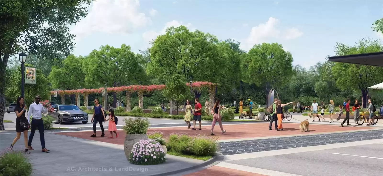 Renderings of the park that will feature seven, large live oaks, beautiful landscaping and thoughtfully curated spaces.