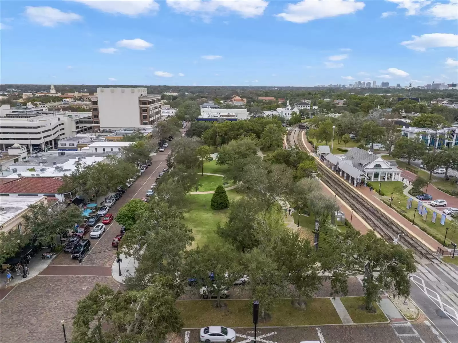 Aerial shot of Park Ave and train station