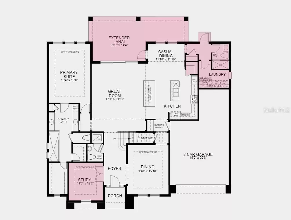 First Floor Plan - Structural options added include: full bathroom at laundry room, extended lanai, and study in place of flex room.