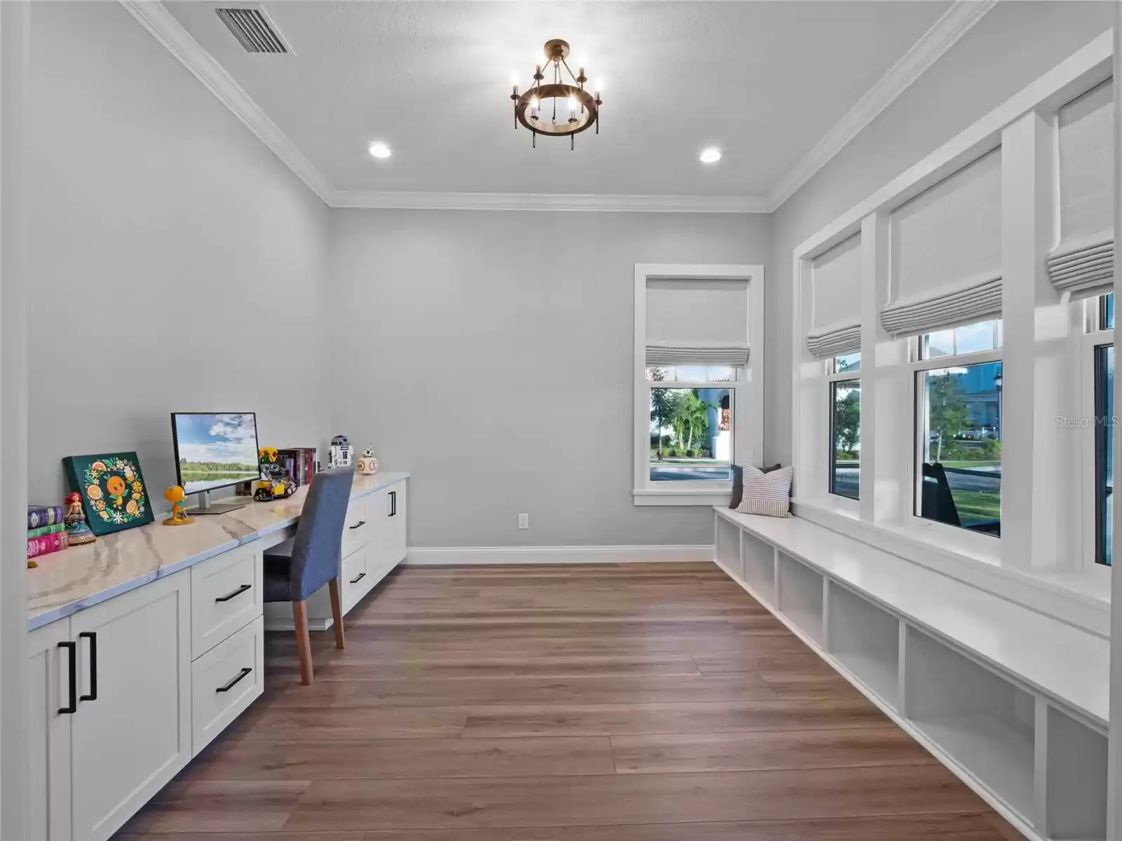 Front home office with barn doors and amazing views of the park.