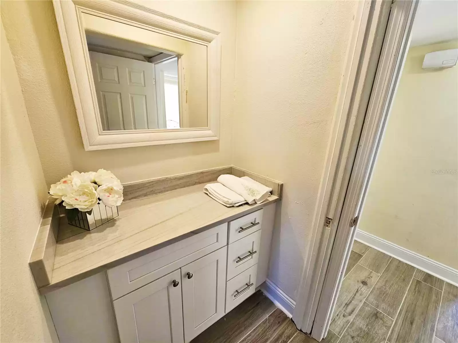 New vanity in hallway bath