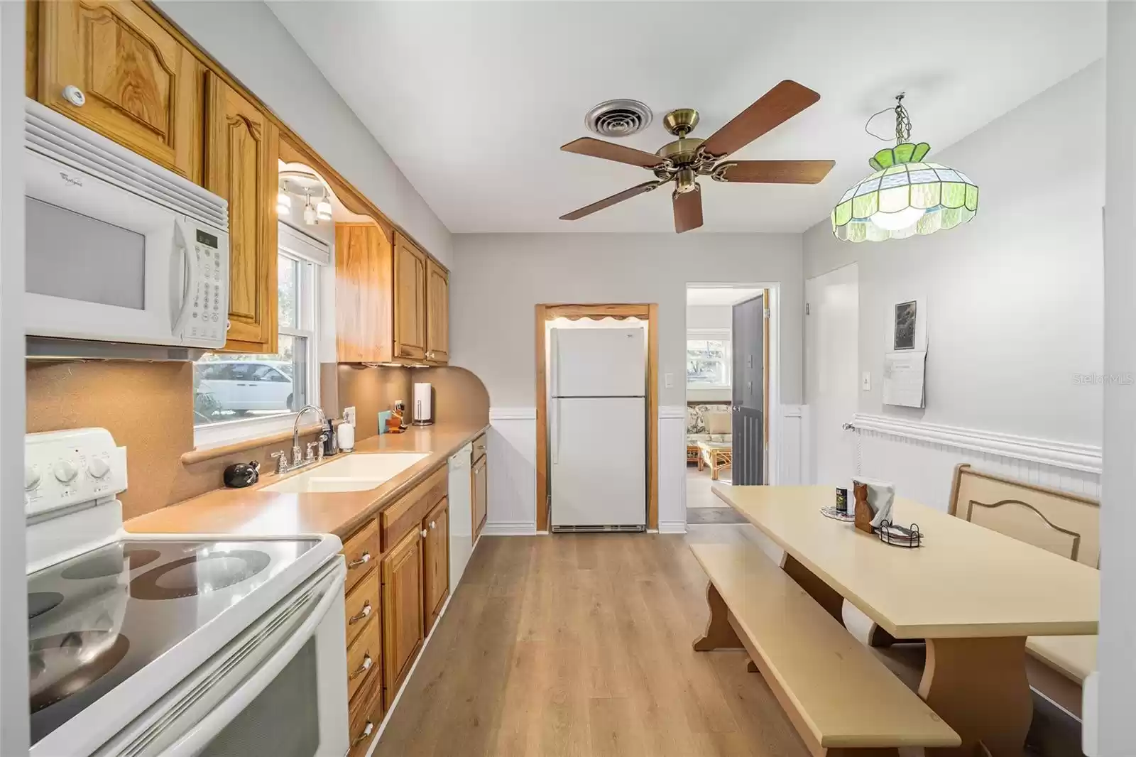 Kitchen with Ceiling Fan, Recessed Refrigerator